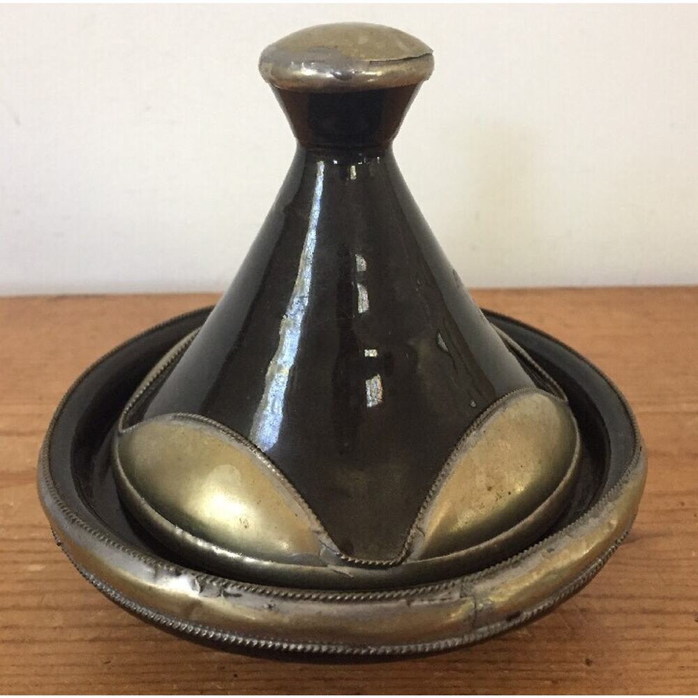 Vtg Moroccan Stoneware Pottery Black Enamel Metal Accents Mini Small Tagine 4.5"